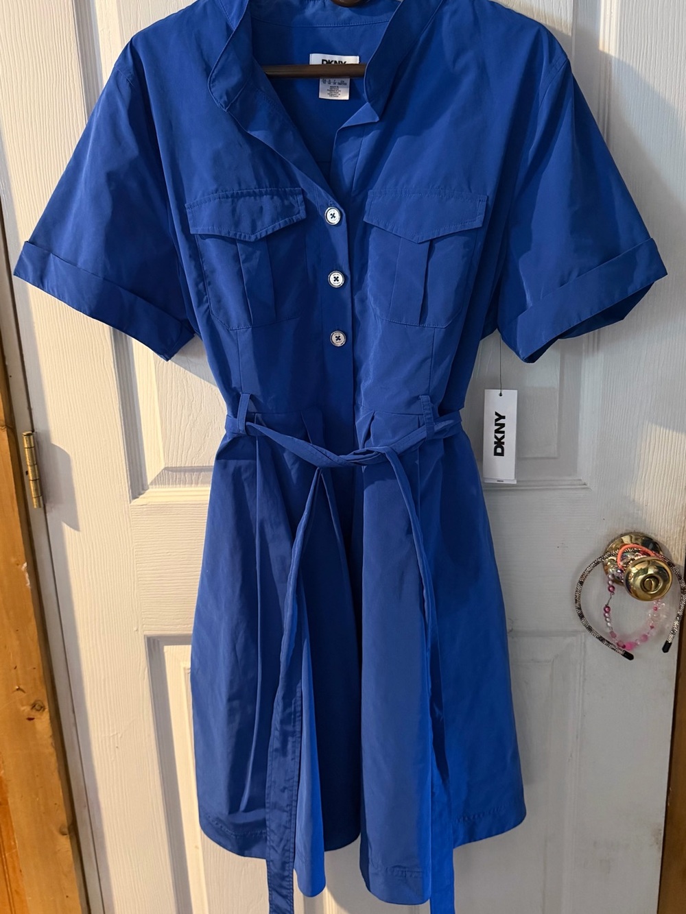 DKNY Cobalt Blue Short-Sleeve Shirt Dress with Tie Waist